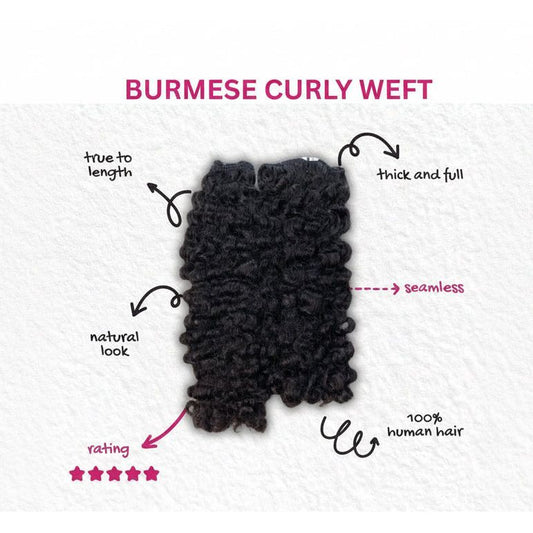 Burmese curly weft with text highlighting features on a white background
