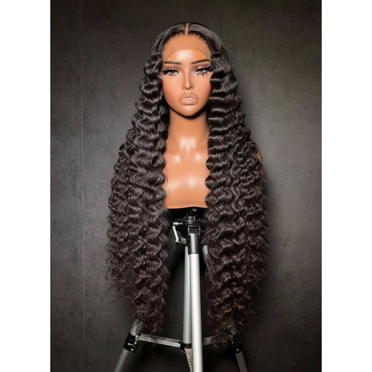 Burmese curly wig displayed on mannequin”Mannequin head with a long, wavy black wig on a gray background
