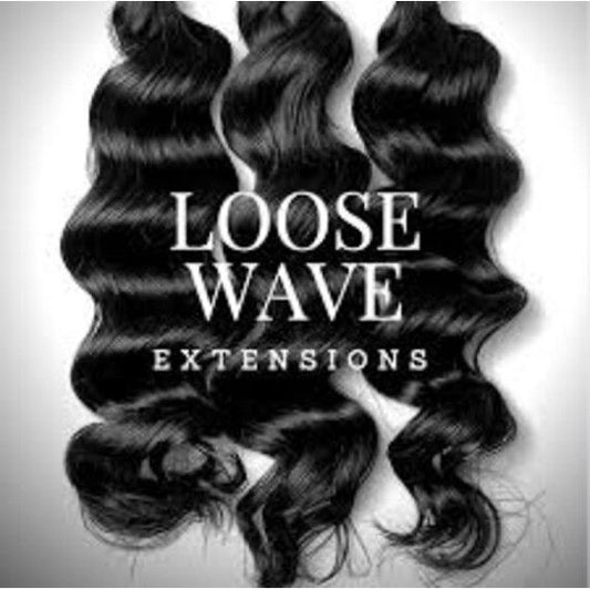 Black loose wave hair extensions with 'Loose Wave Extensions' text on a light gray background