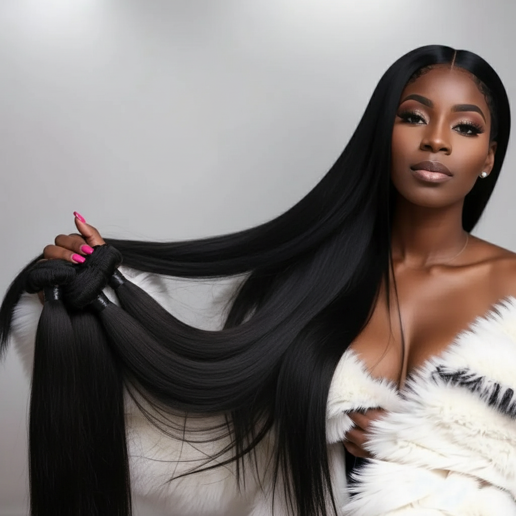 Woman with long black hair holding a strand against a neutral background