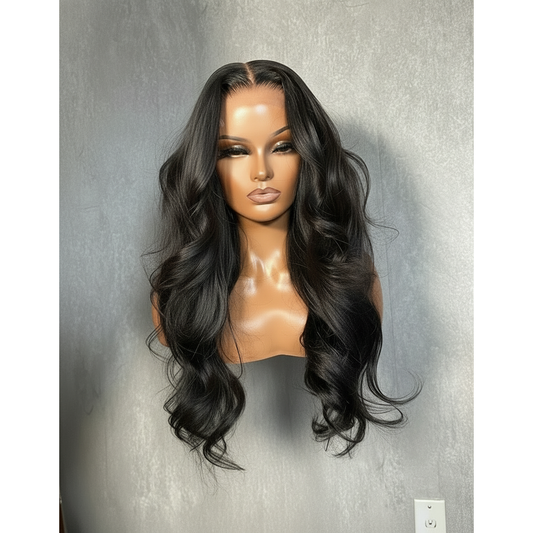 Black 5x5 wig on a mannequin head against a gray background
