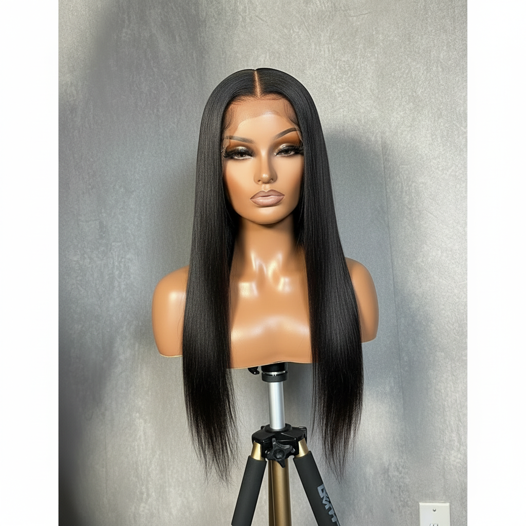 Black wig on a mannequin head against a gray background