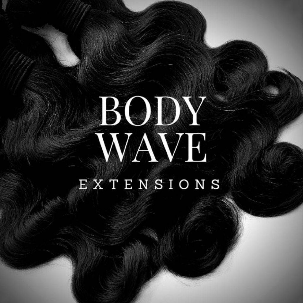 Black body wave hair extensions on a pink background with 'BODY WAVE EXTENSIONS' text.