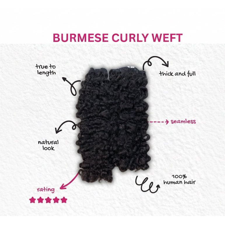 Burmese curly weft with text highlighting features on a white background