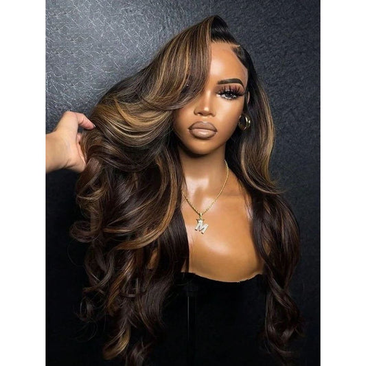 Mannequin head with long, HD lace frontal with raw body wave hairline wavy balayage brown hair against a dark background