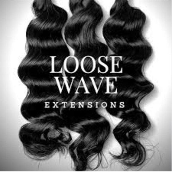 Black loose wave hair extensions with 'Loose Wave Extensions' text on a light gray background