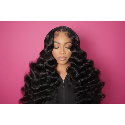 Woman with styled hair in a salon settingHD lace frontal with raw loose wave hairline