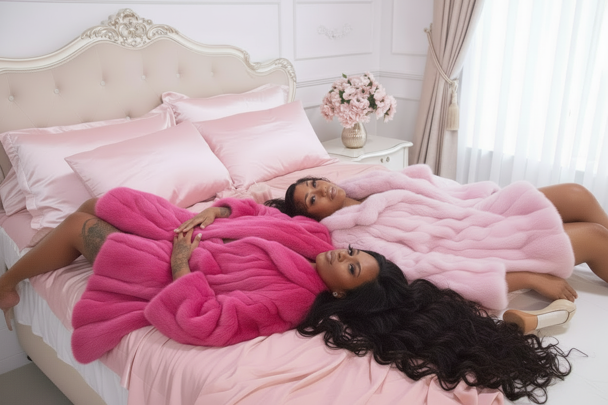 Two women lying on a bed covered with pink and hot pink robes in a bedroom setting.